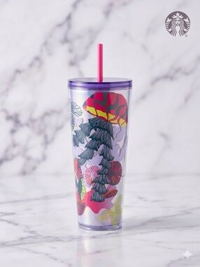 NWT Starbucks Fall 2023 Lilac Holo Jellyfish & Parasols Venti Cold Cup Tumbler